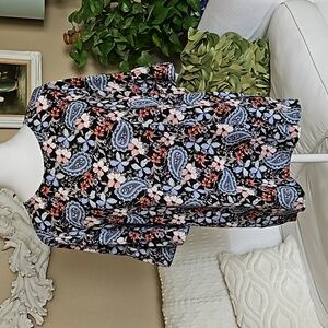 Silky Navy Floral Paisley Ruffled Short Sleeve Blouse Ann Taylor Loft Size L